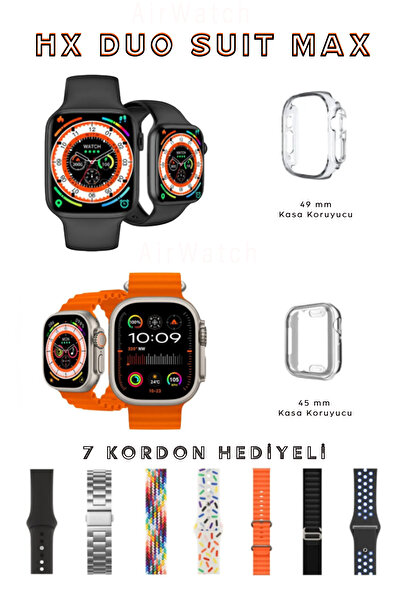 AirWatch HX Duo Suit Max 2'li Akıllı Saat Watch Ultra 2 | Watch 9 Akıllı Saat & 7 Kordon ve Koruyucu Hediye