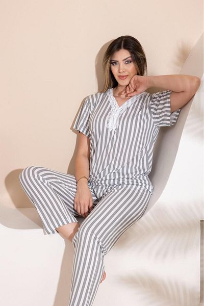 MEBA طقم بيجامة نسائي مقاس كبير بياقة بأزرار وأكمام قصيرة من القطن الممشط باللون الرمادي