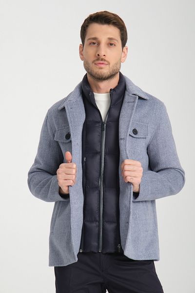 Frappoli Barcia Ανδρικό Navy Blue Diagonel Lycra Κοντό Παλτό με έξω μπροστά