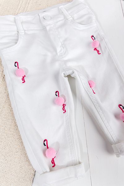 Babymod Flamingo Pompom Baby Girl Denim Trousers White