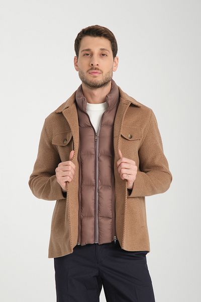 Frappoli Maxi Ανδρικό Camel Diagonal Lycra Κοντό Παλτό με έξοδο μπροστά
