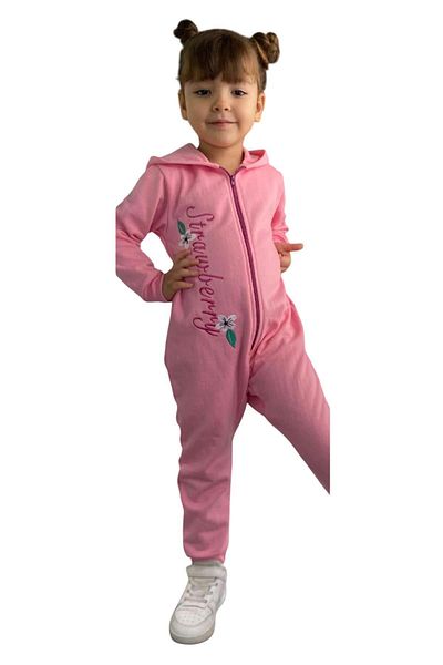Riccotarz Strawberry Text and Printed Front Zippered Hooded Pink Jumpsuit for Baby Girl