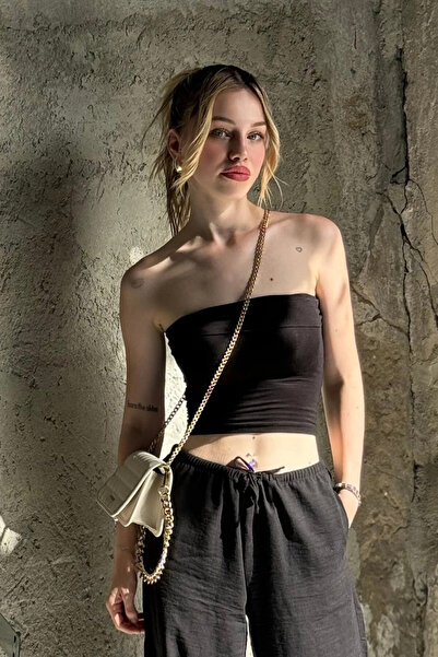 hazelin Women Black Fold Strapless Blouse Hzl24S-Zk11301