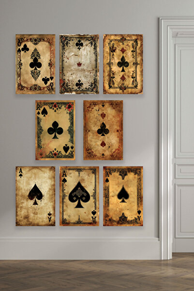 qoeuyl boutique İskambil Kağıdı Temalı 8'li Set Retro Vintage 18x27 MDF Ahşap Poster Tablo