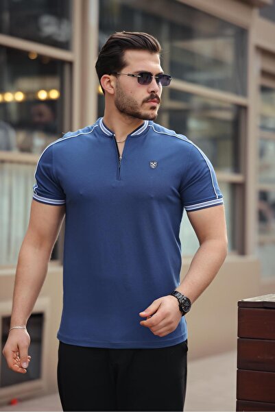 Miron Tricou cu mânecă scurtă cu jumătate de fermoar cu guler Indigo College ...