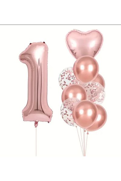 Çemrek Süs Parti 100cm Rose Foil Numeral and Rosegold Transparent Sequin Balloon Set 12 Pieces
