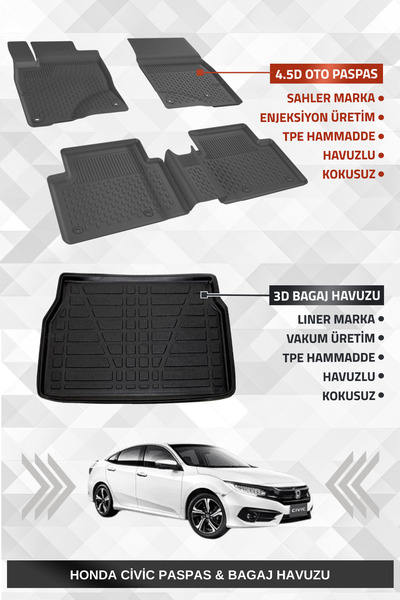 Sahler Honda Civic 2016-2021 Uyumlu 4.5d Premium Havuzlu Oto Paspas ve Liner ...