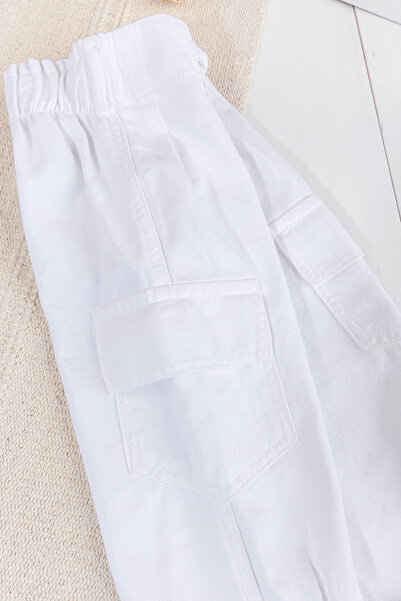 Babymod Pileli Kargo Cepli Pamuklu  Kız Çocuk Pantolon Beyaz