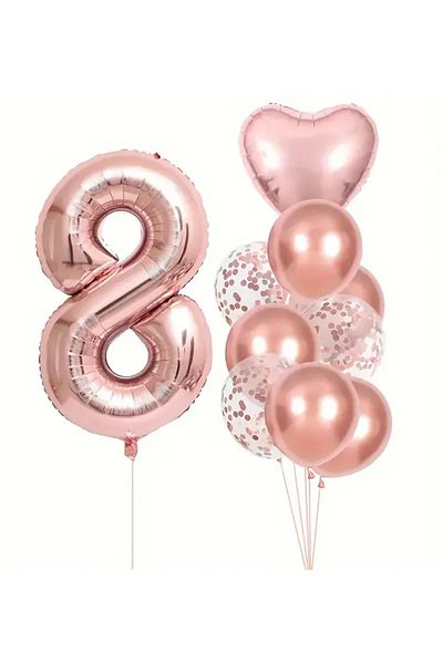 Çemrek Süs Parti 100cm Rose Foil Numeral and Rosegold Transparent Sequin Balloon Set 12 Pieces