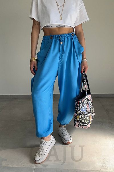 Qaju Pantaloni largi de damă turcoaz cu talie elastică cu buzunare