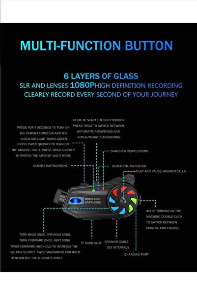 TİKWATCH 1080p Kameralı Interkom Video Kayıt Özellikli Kablosuz Motorcu Kulaklığı Su Geçirmez Bluetooth 5.4