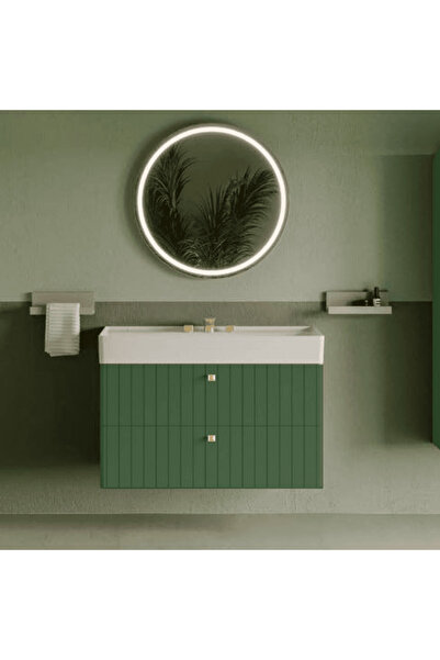 AdnDesing Banyo Alt Dolabı-Asma 2 Kapaklı- Ahşap Mdf 51 Cm -Ledli Aynalı-Lavabolu