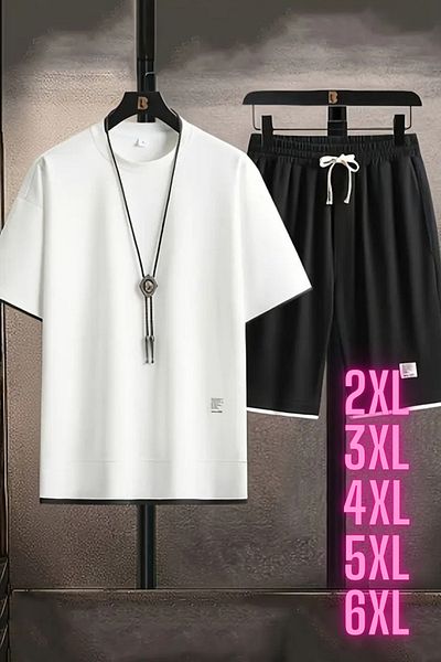 Machetta Men's Large Size New Season 100% Cotton White Detailed T-Shirt Shorts Set