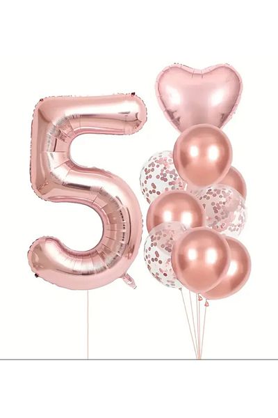 Çemrek Süs Parti 100cm Rose Foil Numeral and Rosegold Transparent Sequin Balloon Set 12 Pieces