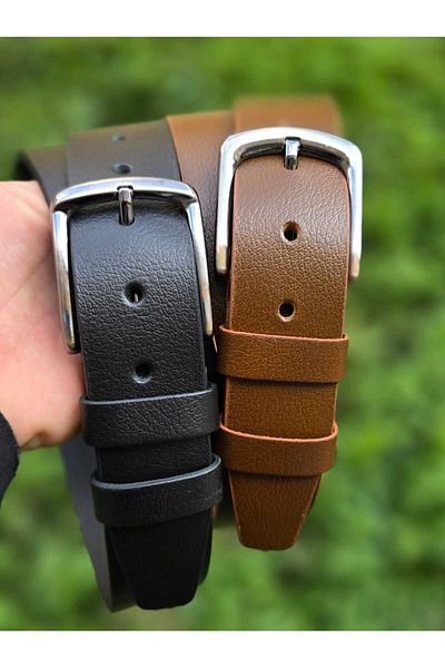 Kemerix Σετ ζώνης 100% γνήσιο δέρμα 4 cm Black-Tan 2 τεμαχίων κατάλληλο για τζιν και καμβά