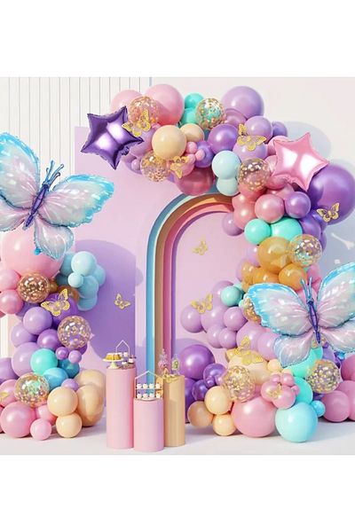 Çemrek Süs Parti Pink Lila Gold Sequin Transparent Balloon Balloon Chain Set Including 103 Butterfly and Star Foil Balloons