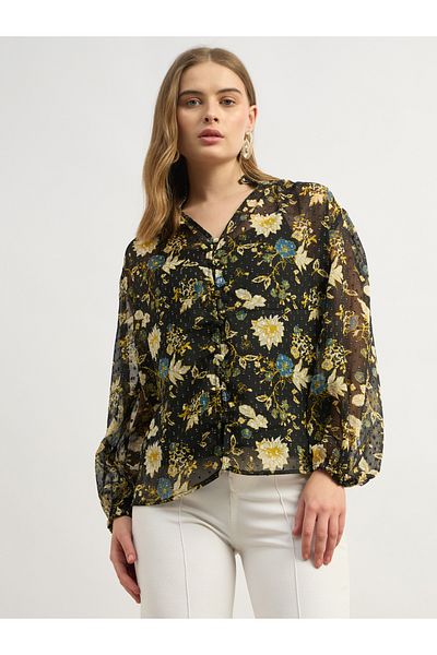 Styli Floral Print Balloon V-Neck Blouse