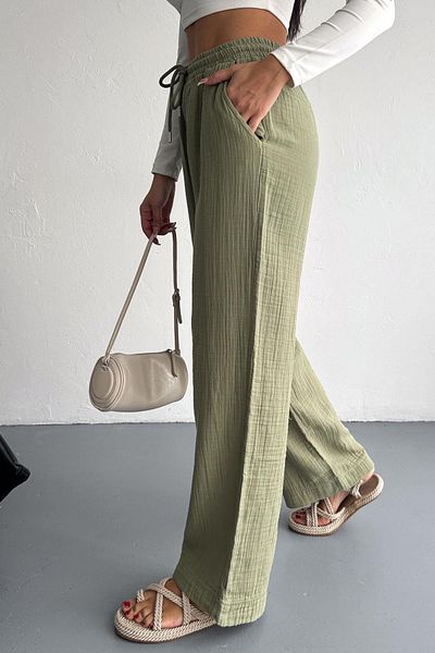 İstangül Butik Cotton Muslin Fabric Tassel Loose Leg Trousers