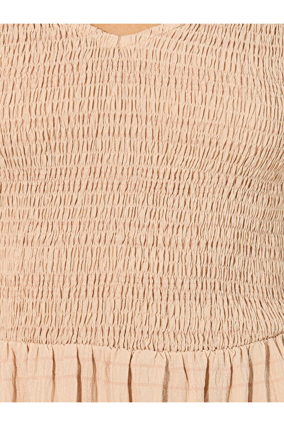 Take Two By Styli Texture Smocking Detail Lace Contrast Sleeve Midi Dress