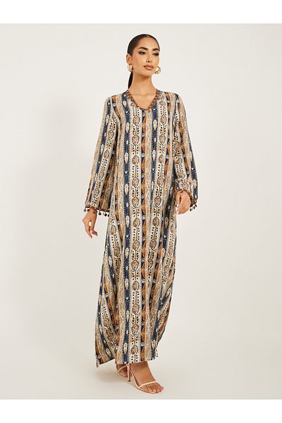 Styli stripe pattern print A line jalabiya w/ metal tassel trim at neck and sleeve hem