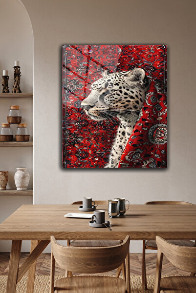 z zizuph Kırmızı Kilim İçinde Leopar,  4 mm Temperli Kırılmaz Cam Tablo