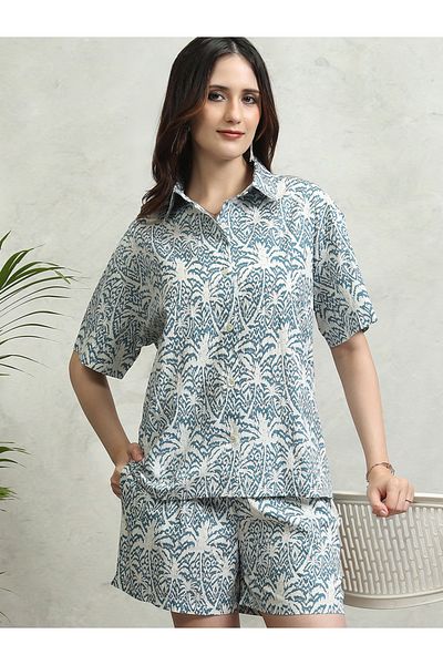 Tokyo Talkies By Styli All-Over Floral Print Collared Cotton Shirt and Mid Rise Shorts Co-Ords