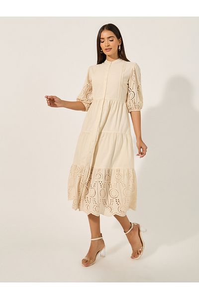 Styli Schiffli Mandarin Collar Balloon Sleeve Midi Dress