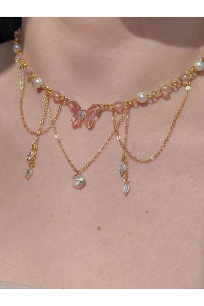 Reorah Collection Fairy Rosetta Choker Necklace-Pink Butterfly Beaded Pearl Choker Necklace