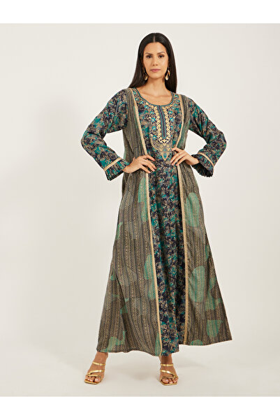 Maxim Creation By Styli Printed Embroidered Round Neck A-Line Jalabiya