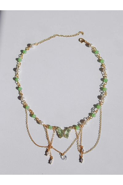 Reorah Collection Tinker Fairy Choker Necklace-Green Butterfly Beaded Pearl Choker Necklace