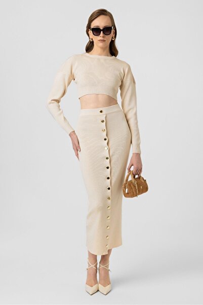 valena Essence Knitwear Button Skirt Suit Ecru