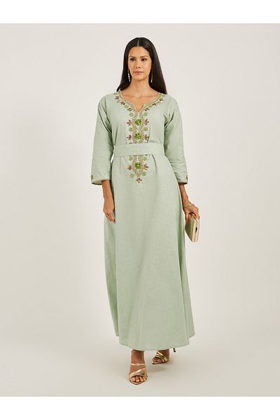 Maxim Creation By Styli Embroidered Notch Neck A-Line Jalabiya with Belt