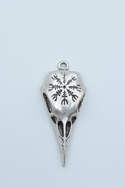 Bu Farklı Kuzgun Kafatası - Vegvisir Gümüş Kaplama Kolye Ucu