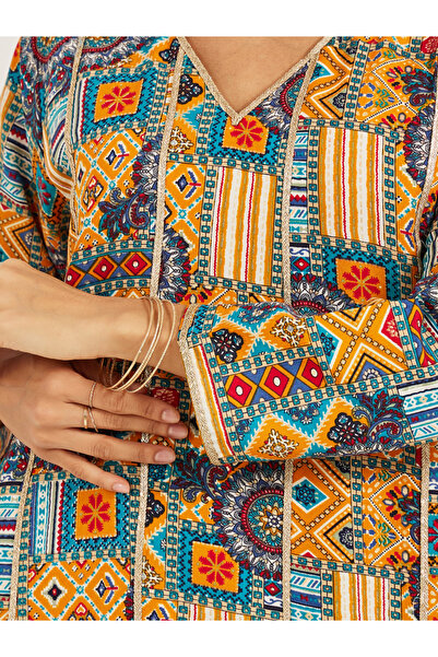 Maxim Creation By Styli Abstract Print V-Neck A-Line Jalabiya