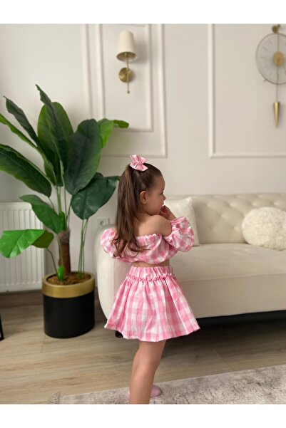 Tinypeople Girl's Pink Checkered Balloon Sleeve Skirt Crop and Buckle Set