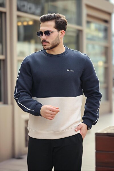 Miron سويت شيرت باللون الأزرق الداكن والبيج وياقة دائرية بلونين وقصة عادية 2459