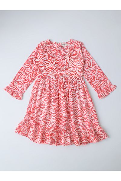 Bella Moda By Styli All-Over Print Fit and Flare Round Neck Dress with Long Sleeves