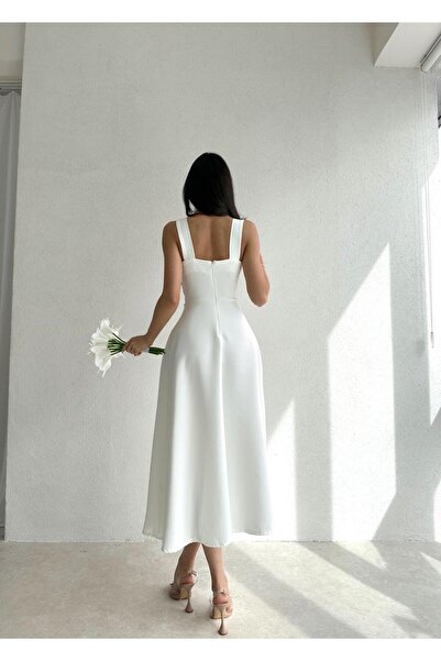 bayansepeti Kadın Atlas Kumaş Kare Yaka Beyaz Kloş Midi Abiye Elbise 151