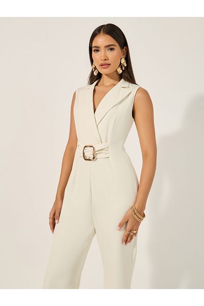 Styli non stretch fabric sleeveless wide leg fit jumpsuit with collar and lapel and gold belt buckle