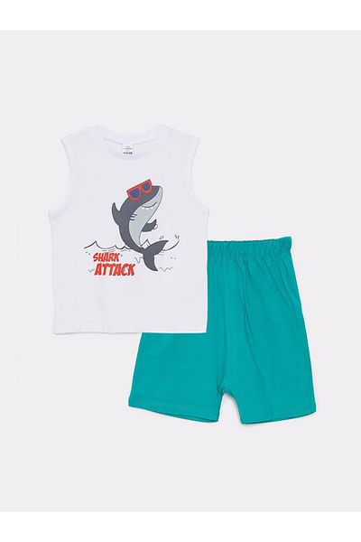 LC Waikiki Crew Neck Printed Cotton Baby Boy Undershirt and Shorts 2-Piece Set (S2)