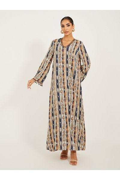 Styli stripe pattern print A line jalabiya w/ metal tassel trim at neck and sleeve hem