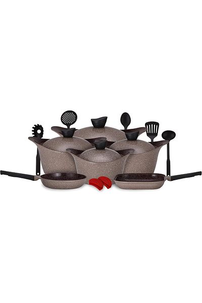 Lahoya 17 Pcs Ceradeux/Granite Cookware Set Aluminum Chocolate Marble Nonstick Coating Stock Pot Fry