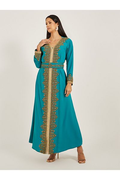 Maxim Creation By Styli Embroidered V-Neck A-Line Jalabiya with Belt