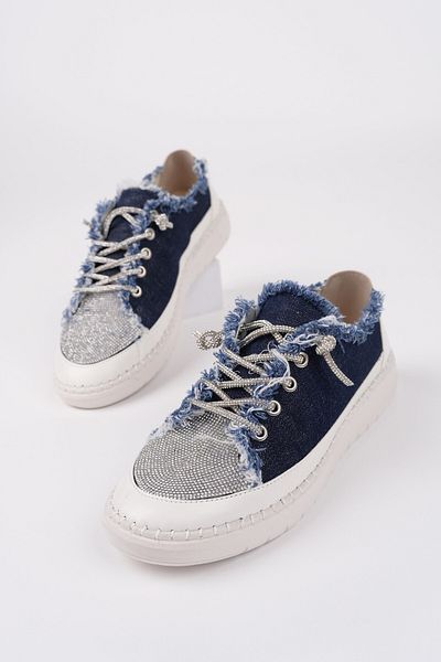 MUGGO Pantofi sport casual pentru femei, cu șireturi, cu strasuri, din denim