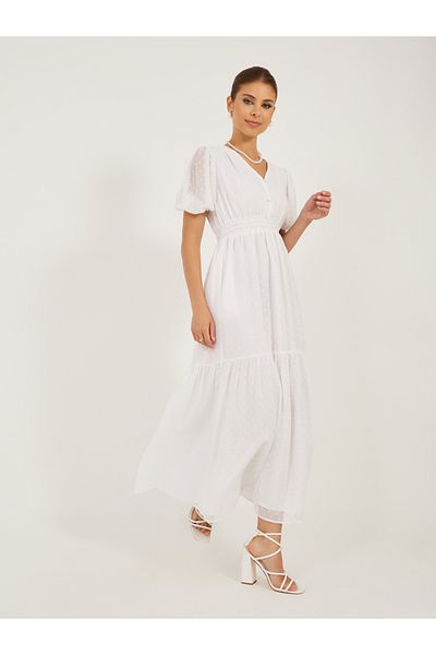 Styli Dobby Design V Neck A-Line Midi Dress