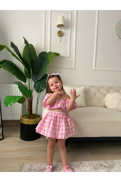Tinypeople Girl's Pink Checkered Balloon Sleeve Skirt Crop and Buckle Set