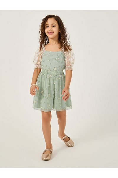 Styli Embroidered Mesh Top and Skirts Set