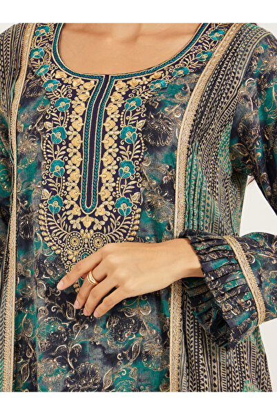 Maxim Creation By Styli Printed Embroidered Round Neck A-Line Jalabiya