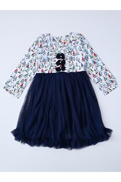 Bella Moda By Styli Printed Bow Details Round Neck Dress with Long Sleeves