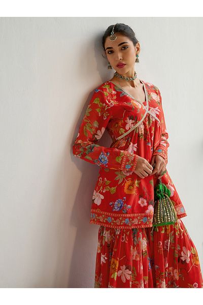 Sassafras By Styli Floral Print Peplum Top with Sharara Pants Set